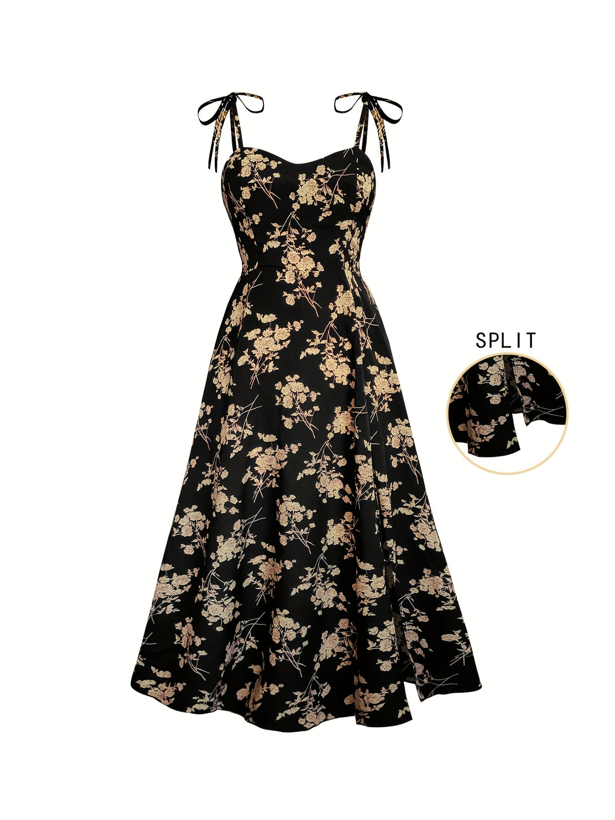 Fashionable Women'S Floral A-Line Dress with a Split Hem, Thin Shoulder Straps, And a Bow Tie Detail - Mixed colors