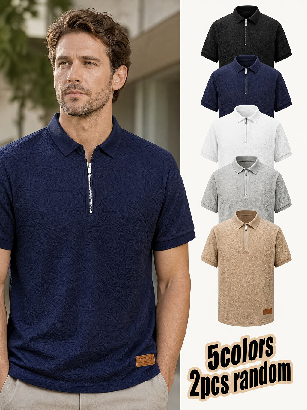 Men's Summer Polo Shirt 2pcs Set, Random Pc - Men's Casual Short Sleeve, Half-Zip Lapel Polo Shirt, Floral Jacquard Design, Colors Shipped Randomly - Mixed colors