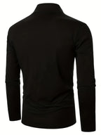 Men's Casual Color Block Long Sleeve Stand-Up Collar Top, Stylish 1/4 Zip Polo Shirt - Black