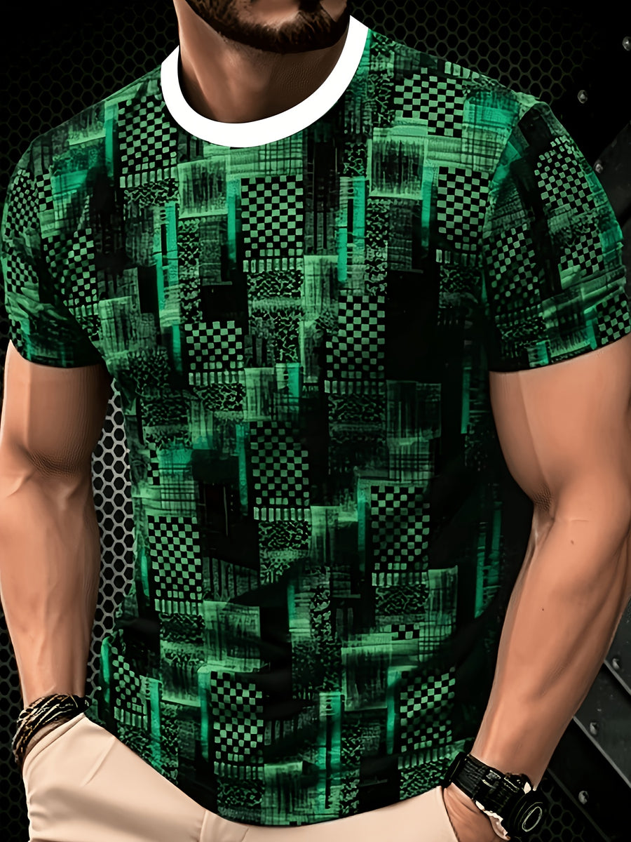 2026 Men'S All-Match Breathable Comfortable New Casual Top, Black Gray Blue Plaid Patchwork Print T-Shirt, Men'S Round Neck Short Sleeve Business Casual Top, Low-Key Premium, Plaid Patchwork, Abstract Lines, Dark Tone Texture, Daily Casual Wear - Style 3