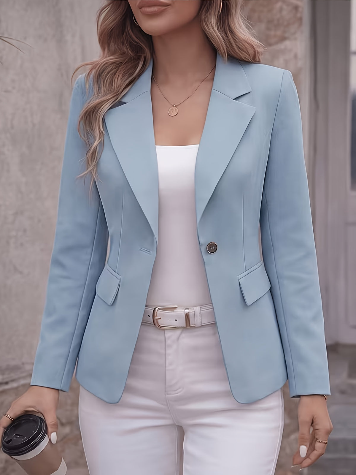 [Maan Mu Qing Directional] BK260608085 Spring Autumn New Style Solid Color Long Sleeve Single Button Versatile Fashion Commuter Suit Jacket with Lining And Pockets - Light Blue