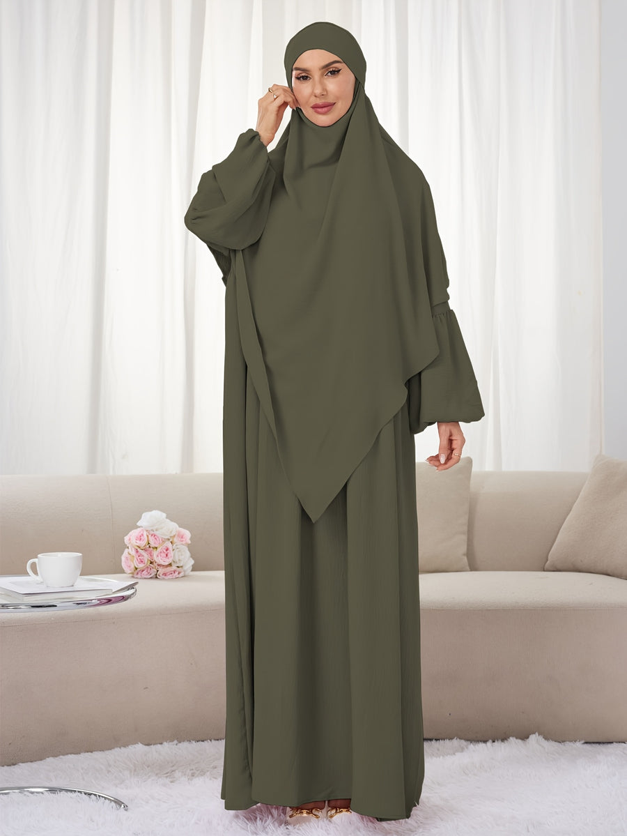 2pcs Set (Khimar And Abaya) Solid Color Muslim Prayer Outfit, Convenient Pullover Style with Lantern Sleeves And Waist Pleats, Paired with Matching Plain Headscarf Hijabs, Essential for Casual Outings, Fashionable Item Prayer Jilbab - Military Green