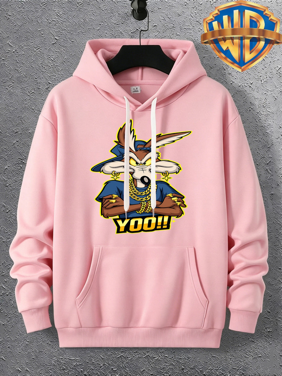 Warner Licensed Men'S Autumn Hooded Sweatshirt, Reinforced Ribbed Cuffs, Breathable Polyester Fabric, Hip-Hop Street Style Distorted Heart Wolf Pattern, Suitable for Retro Hip-Hop Outfits, Urban Trendy Men, Practical Kangaroo Pouch - pink