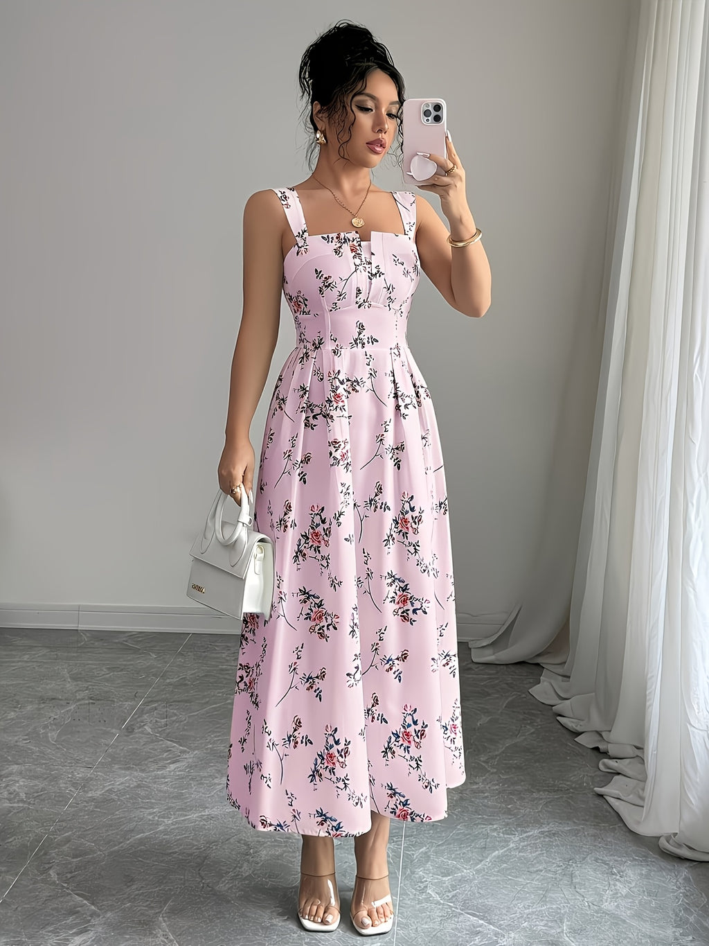 Women's Vintage Square Neck White Floral Print Camisole Dress, Featuring a Effect, Vintage Elegant Vacation Style, Suitable for Summer Dates and Casual Wear in Spring and Summer. Machine Washable - Pink
