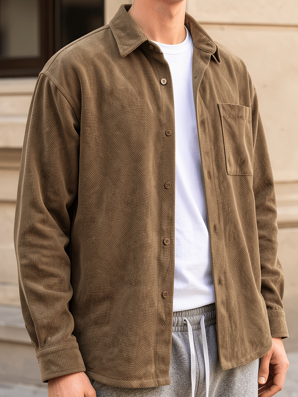 Men'S Brushed Geometric Shirt, Casual Long Sleeve with Chest Pocket, Loose Fit Vintage Brown Shirt Jacket for Fall Winter - Light Brown-1