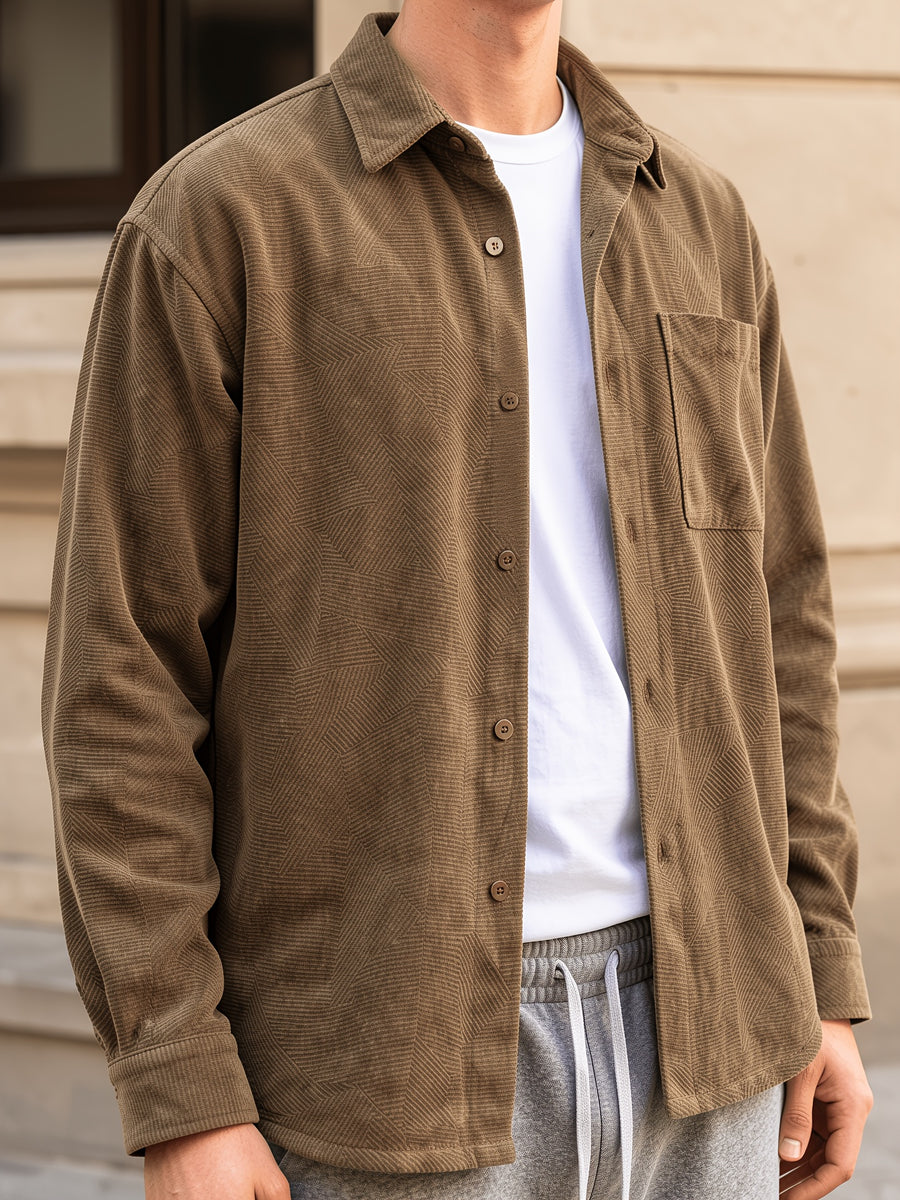Men'S Brushed Geometric Shirt, Casual Long Sleeve with Chest Pocket, Loose Fit Vintage Brown Shirt Jacket for Fall Winter - Light Brown-1