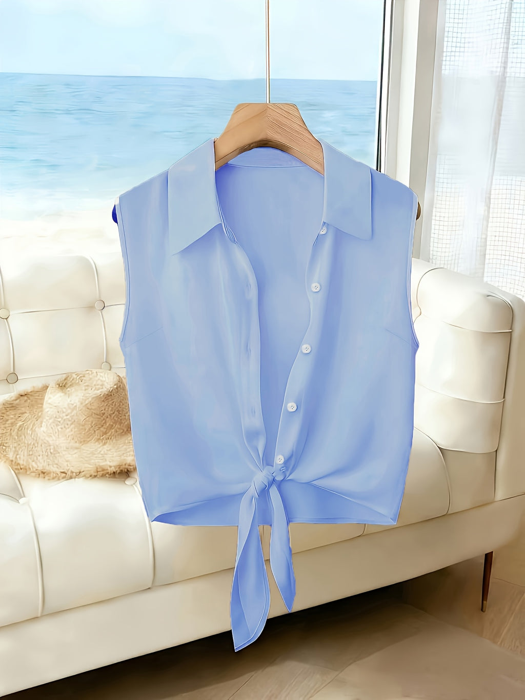 Women's New Spring/Summer Elegant French-Style Minimalist Lapel Sleeveless Shirt, Single-Breasted with Hem Tie Design, Lightweight, Breathable, and Slim-Fitting, a Summer Top Suitable for Women in Spring and Summer, Casual Style Women's Top - Light Blue