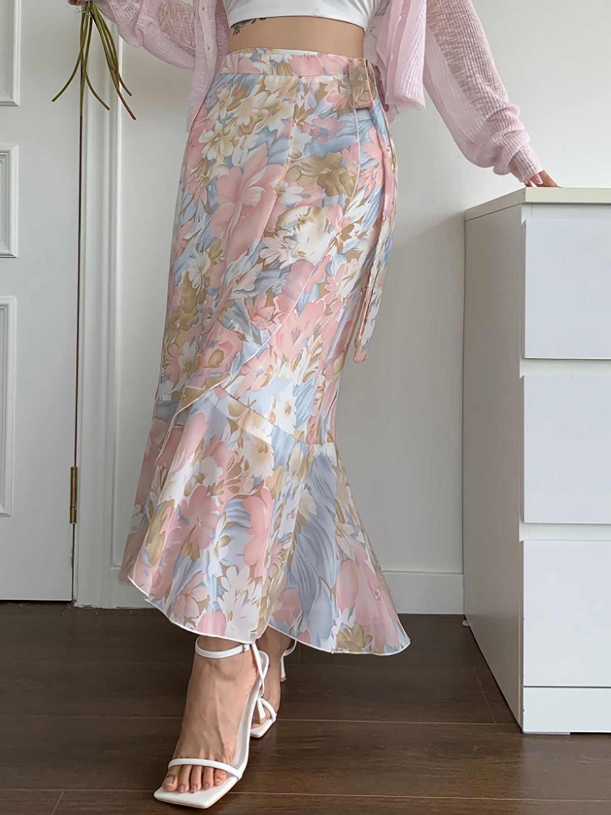 Elegant Women's Printed Chiffon Skirt with Ruffled Hem, Summer Apparel, Back-to- Season, Floral Holiday Outfit - Multicolor