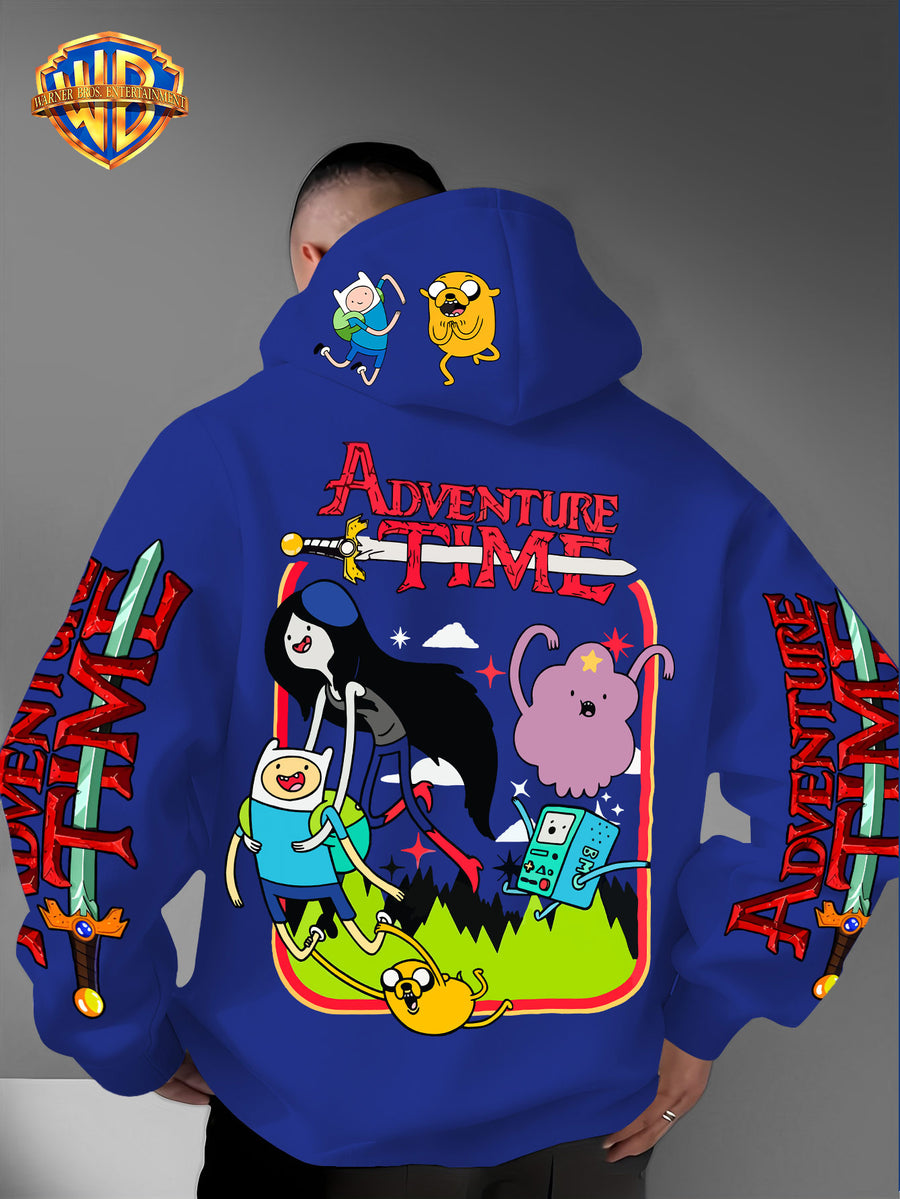 Warner Bros. Adventure Time Large Back Print, Hooded Sweatshirt with Hat Design Pattern, Multifunctional Street Style Men's Hoodie, Comfortable and Casual, Suitable for Autumn and Winter Wear - Blue