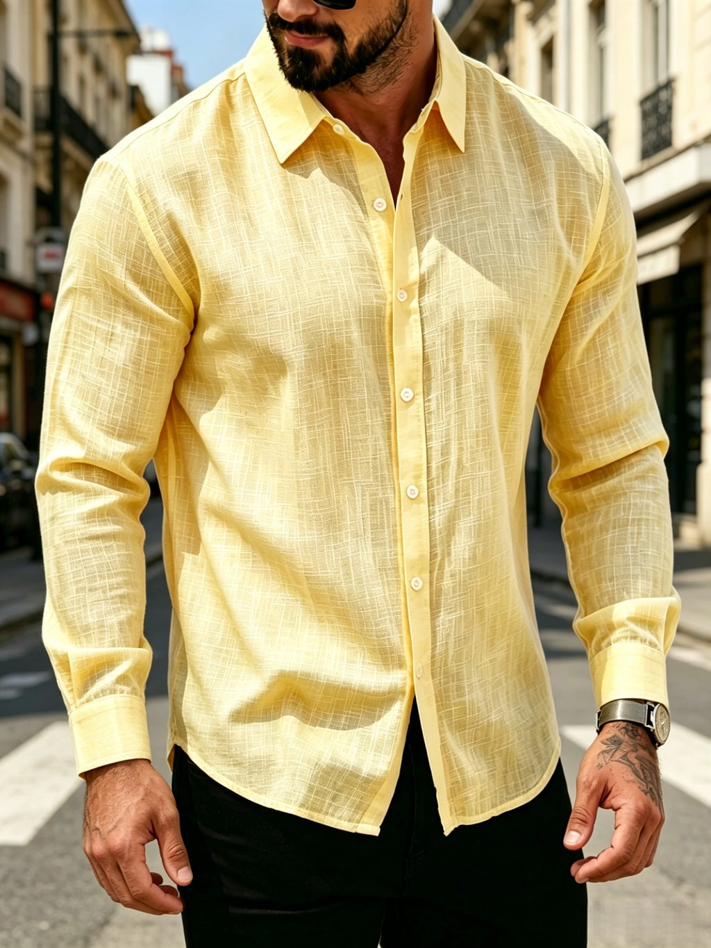 Men'S Summer Tencel Texture Lapel Long Sleeve Shirt, Casual Breathable Loose Vacation Style Button-Up. Tencel Texture with Delicate Pleated Feel, Breathable And Skin-Friendly, Non-Stuffy Fit, Classic Lapel Design, Convertible Sleeve Length - Lemon Yellow