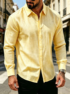 Men'S Summer Tencel Texture Lapel Long Sleeve Shirt, Casual Breathable Loose Vacation Style Button-Up. Tencel Texture with Delicate Pleated Feel, Breathable And Skin-Friendly, Non-Stuffy Fit, Classic Lapel Design, Convertible Sleeve Length - Lemon Yellow