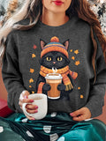 Women'S Winter Clothing Autumn And Winter Atmosphere Black Cat Holding a Cup of Hot Drink with Scattered Autumn Leaves Print Round Neck Long Sleeve T-Shirt Comfortable Soft Fashionable Elegant Vintage Casual Versatile Spring Summer Autumn Winter Spo - Dark Gray