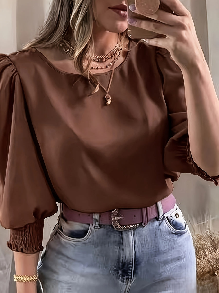 2503 Women's Casual Minimalist Solid Color Shirt Top - Coffee Brown