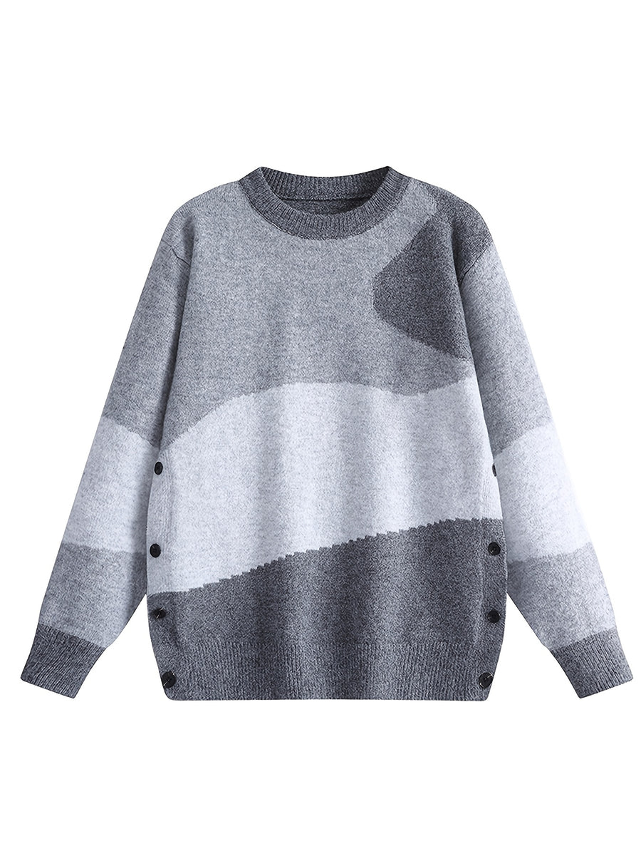 Men's Color-Block Wave Patchwork Sweater - Loose Fit Button-Front Placket Crew Neck Pullover, Warm Winter Sweater Suitable for Fall/Winter, Casual Office & Casual Attire, Non- Patchwork - Grey