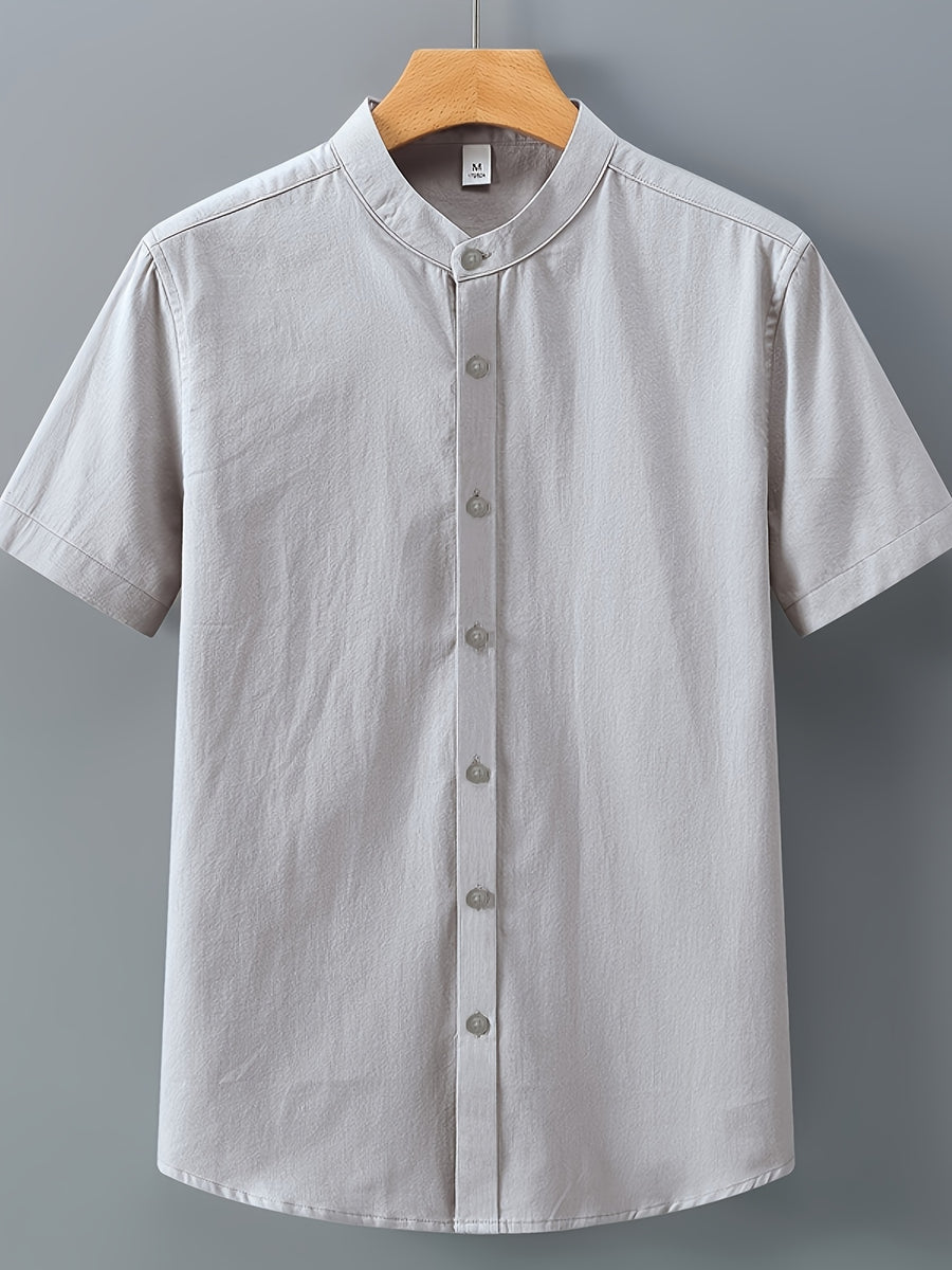 Single-piece Solid-colored Men's Short-sleeved Shirt, Classic Button-up Cardigan Style, Loose and Unrestricted, Available in Multiple Colors, Suitable for Office Wear, Casual Outings, and More. - Grey