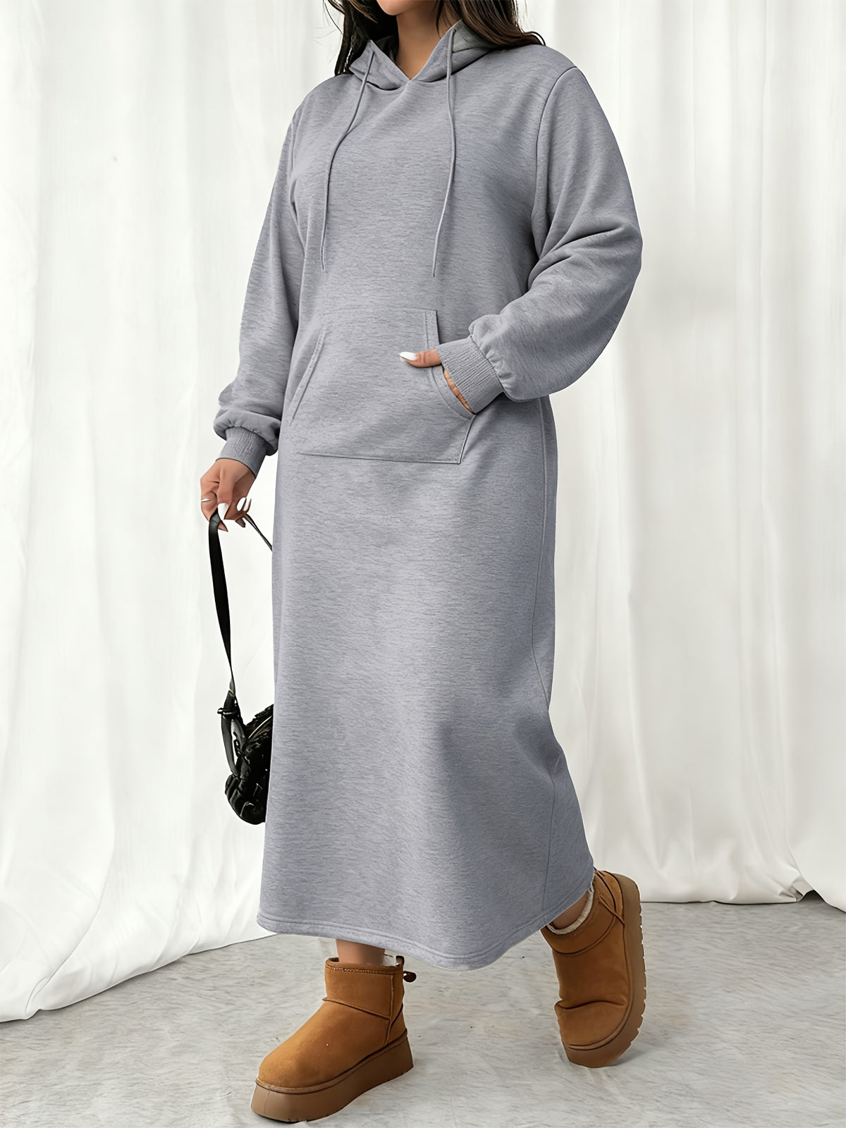 Women's Long Sleeve Hooded Sweatshirt Dress with Drawstring Hood, Design, Soft Fabric, Comfortable and Warm, Suitable for Daily Casual Wear, Outings, and Dates, Stylish and Versatile, Elegant and Exclusive - Grey