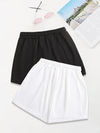 2pcs,Letter Print Drawstring Shorts, Casual Shorts, Women's Clothing - Black+White