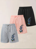 3pcs Women's Elegant Casual Jogger Shorts - Butterfly Print, Drawstring Loose Fit Summer Vacation s Pants, Machine Washable - Black+pink+gray