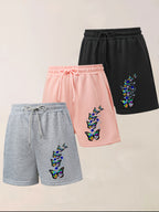 3pcs Women's Elegant Casual Jogger Shorts - Butterfly Print, Drawstring Loose Fit Summer Vacation s Pants, Machine Washable - Black+pink+gray