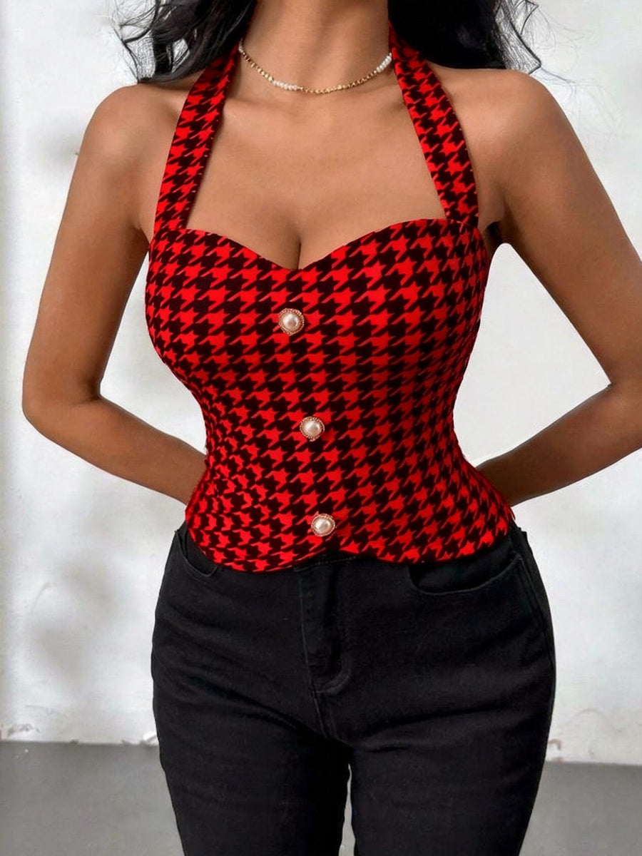 Houndstooth Print Women's Slim-fit Halter Top - Black/red Grid