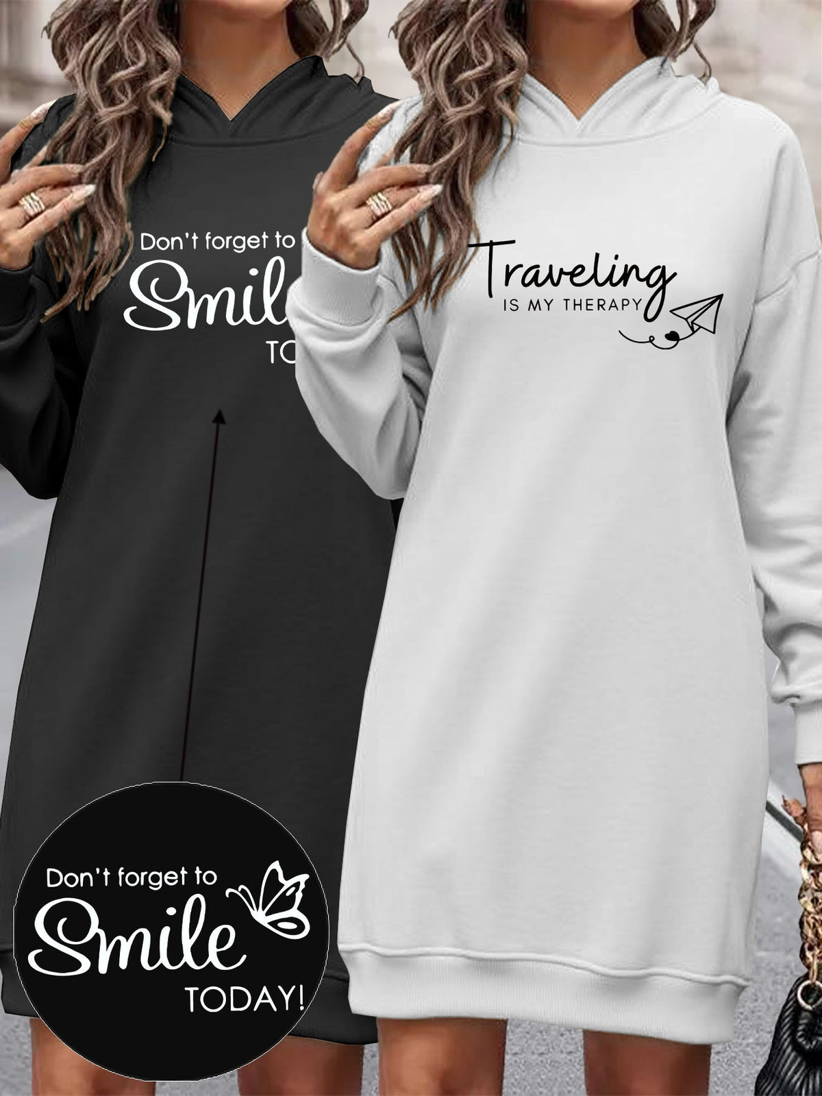 Women's Fashion Y Letter Print Hooded Sweatshirt Dress 2pcs Set, Autumn/Winter High-End Stylish Streetwear Youthful -Lined Color-Block Hooded Sweatshirt Casual Y Top 2pcs Set, Casual Versatile Hoodie, Outerwear, Pullover, Long Sweatshirt, Elegant Set - Black+White
