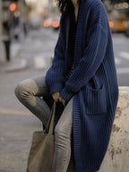 Women'S Solid Color Cardigan Sweater, Casual Long Sleeve Open Front Cardigan - Navy Color