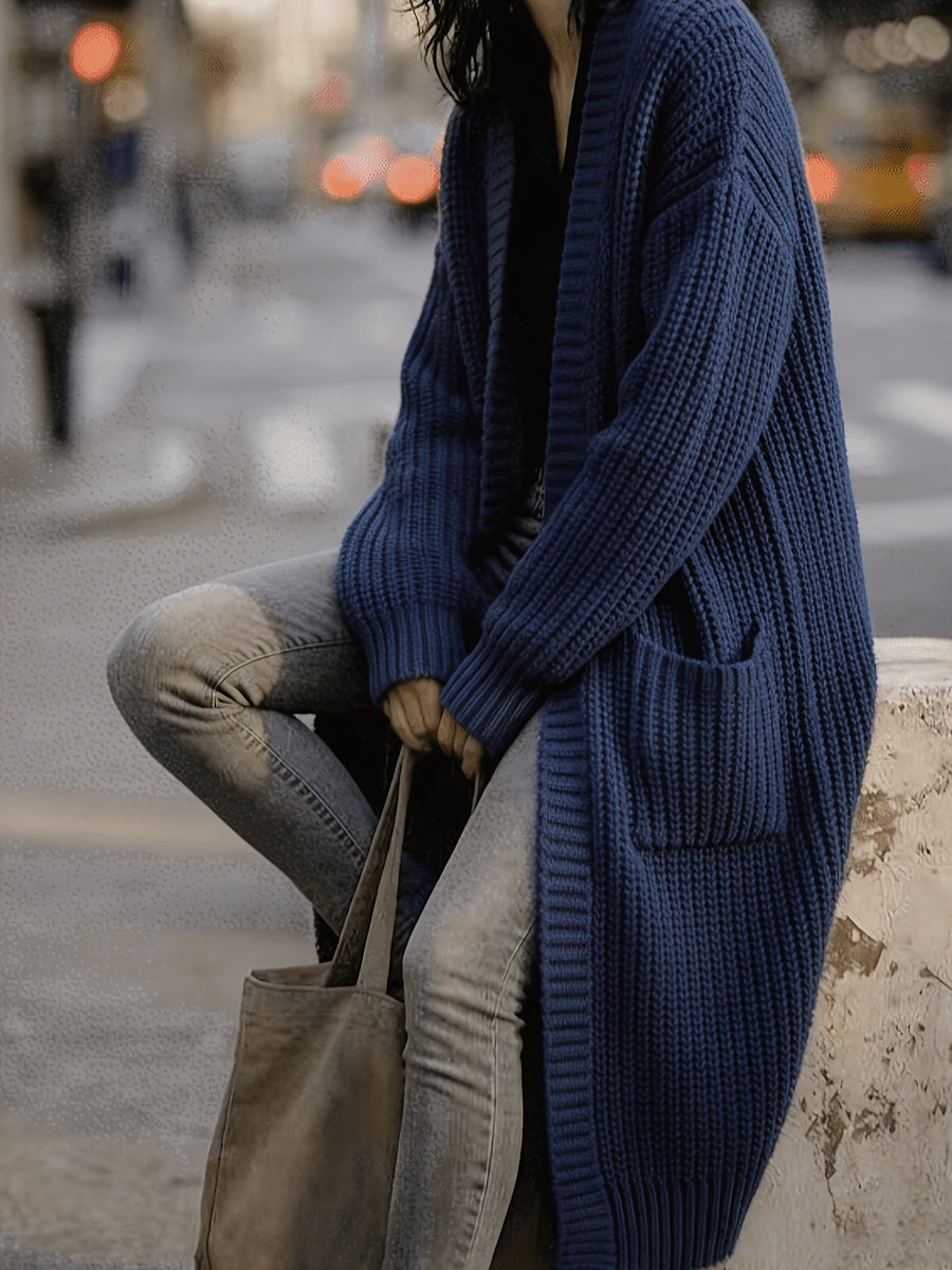 Women'S Solid Color Cardigan Sweater, Casual Long Sleeve Open Front Cardigan - Navy Color