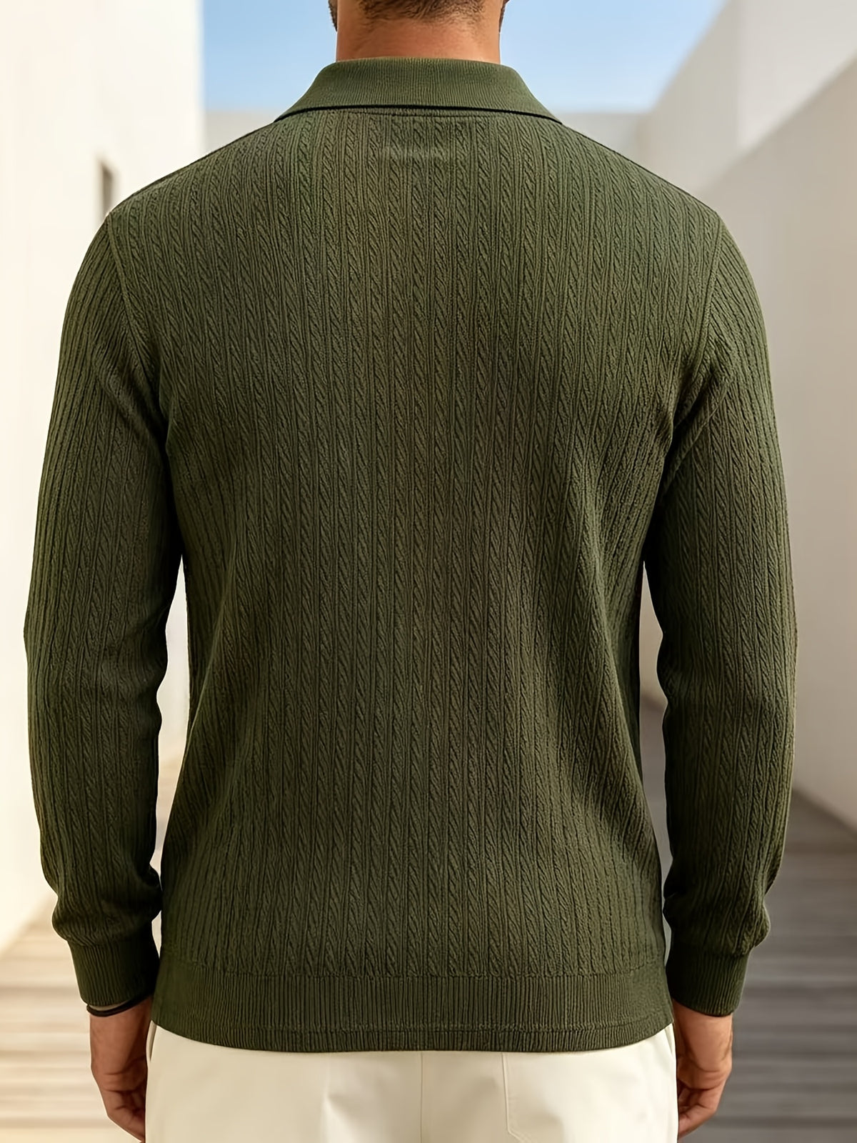 2026 New Men's Long-Sleeve Polo Shirt, Jacquard Texture Lapel Top, Casual Three-Button Knitted Business Versatile Long-Sleeve T-Shirt - Olive Green