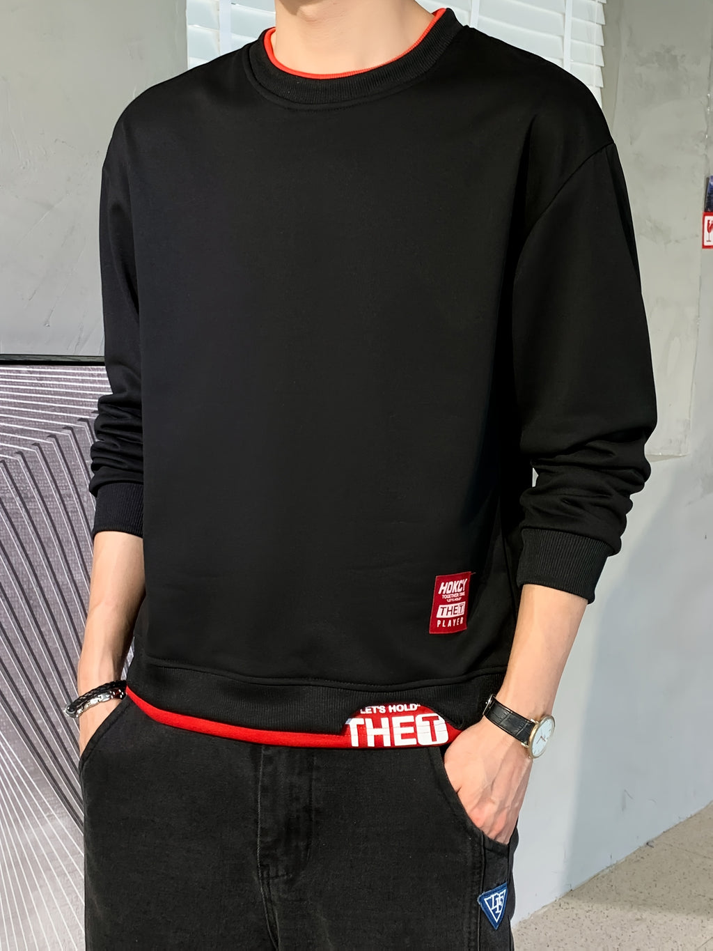 Single-pack Men's Spring/autumn Casual Sport Sweatshirt, Fashionable Round Neck Long Sleeve with Slight Stretch, Letter Color-blocked Top, Suitable for Outdoor Couple Running, Daily Hiking, and Gift-giving - Black