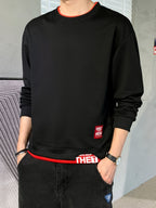 Single-pack Men's Spring/autumn Casual Sport Sweatshirt, Fashionable Round Neck Long Sleeve with Slight Stretch, Letter Color-blocked Top, Suitable for Outdoor Couple Running, Daily Hiking, and Gift-giving - Black