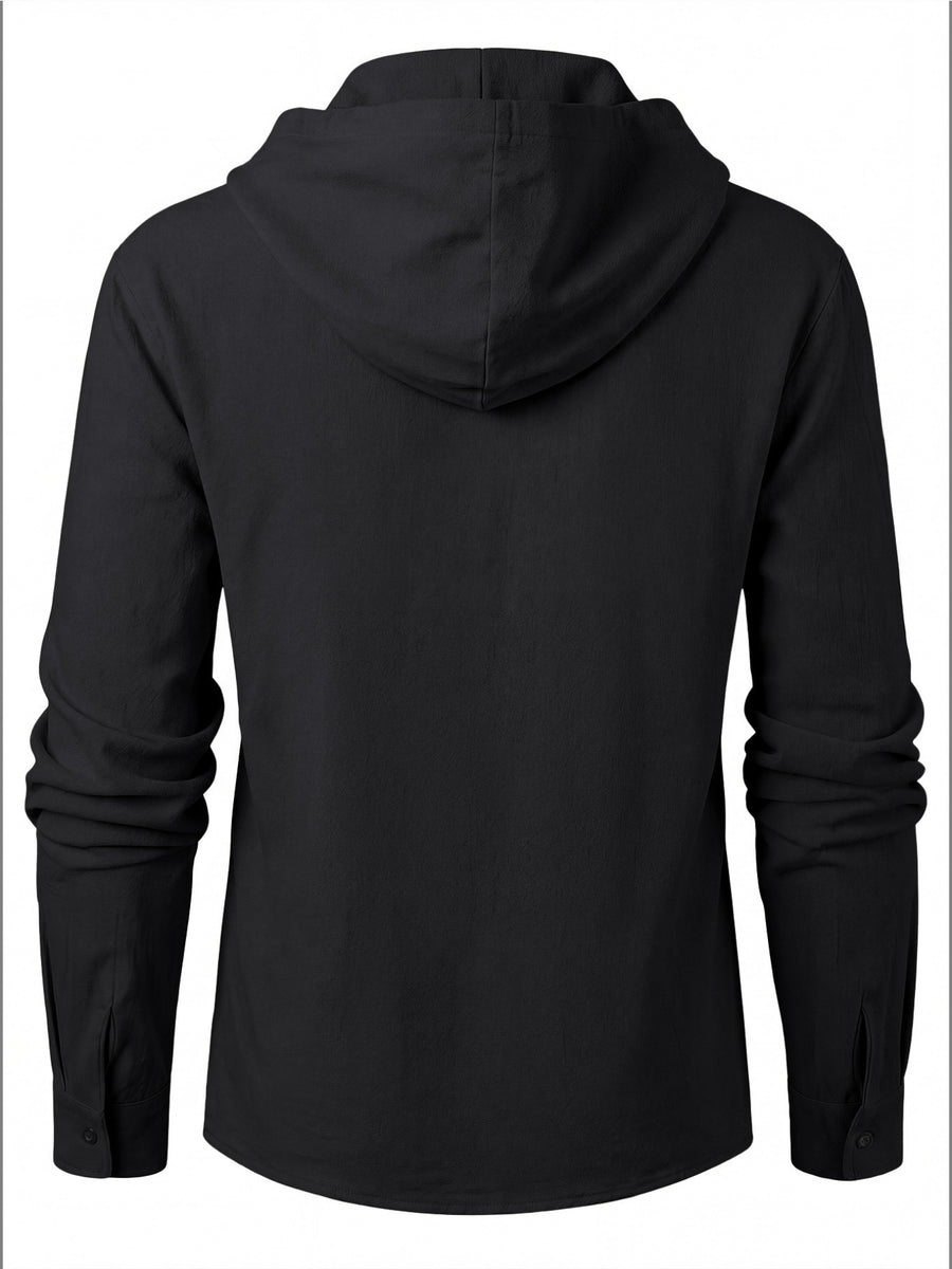 Men's Trendy Lace-up Hooded Top with a V-neck That Creates a Three-dimensional Layered Look. The Brooklyn Logo on the Left Chest Enhances the Vintage Style, Making It Suitable for Urban Explorations, Suburban Outings, and Street Strolls - Black