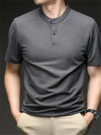 Men'S Henley Shirt Summer New Style, Solid Color Round Neck Top, Half-Button Placket, Button Closure Design, Layering with Thin Jacket, Versatile for Business Office, Golf Sports, Casual Outings, Short Trips, Father'S Day Gift, Men'S Gift - Grey