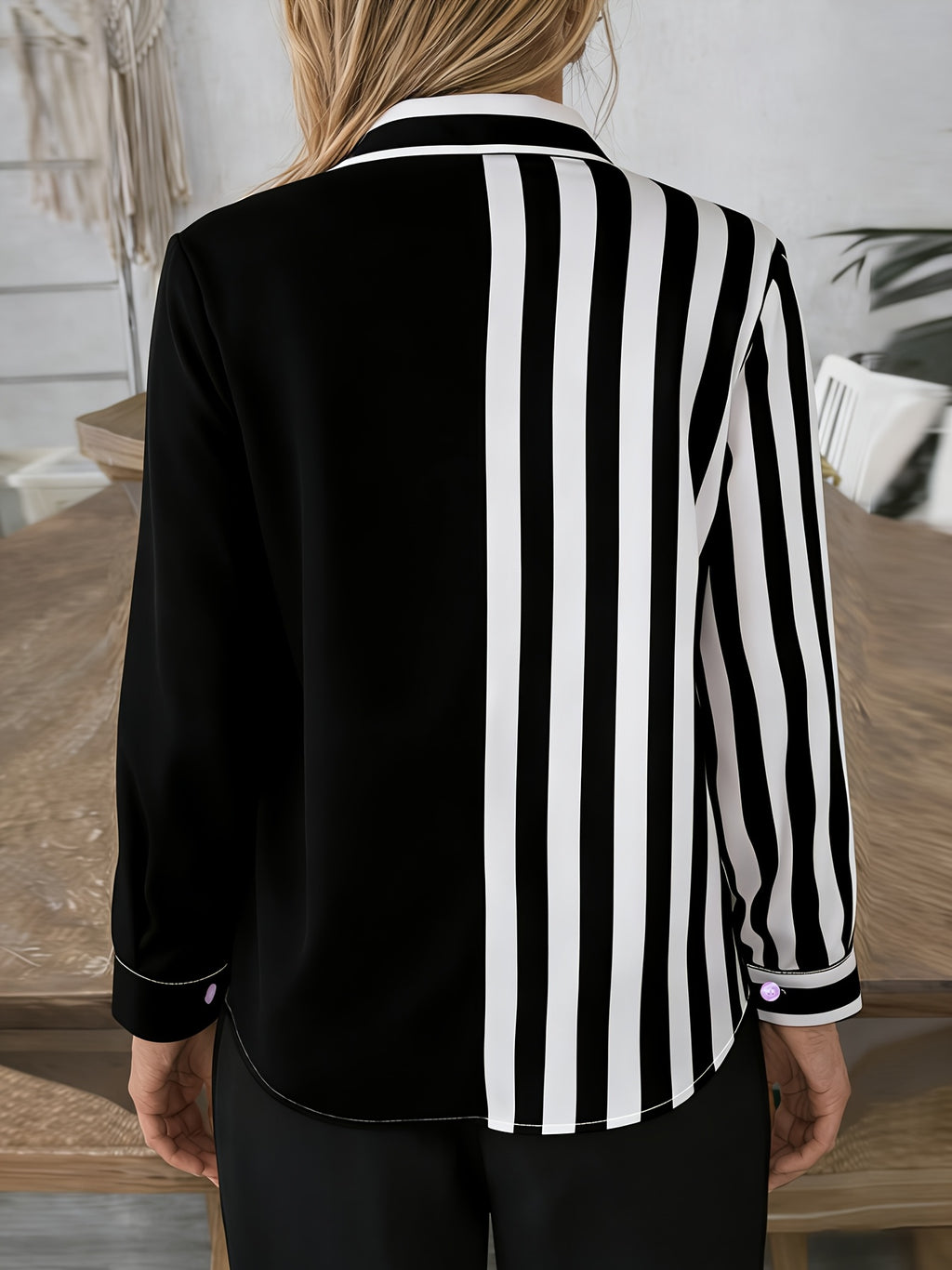 Fashion Women'S Clothing, Striped Lapel Shirt, Women'S Long Sleeve Striped Pocket Commuter Temperament Top - Black