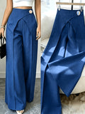 [Printed Pants - Not Faux Denim Fabric]Women'S Elegant Commute Trousers, Metallic Waist Detail Design Long Pants, Faux Denim-Like Fabric ASD1 - Blue