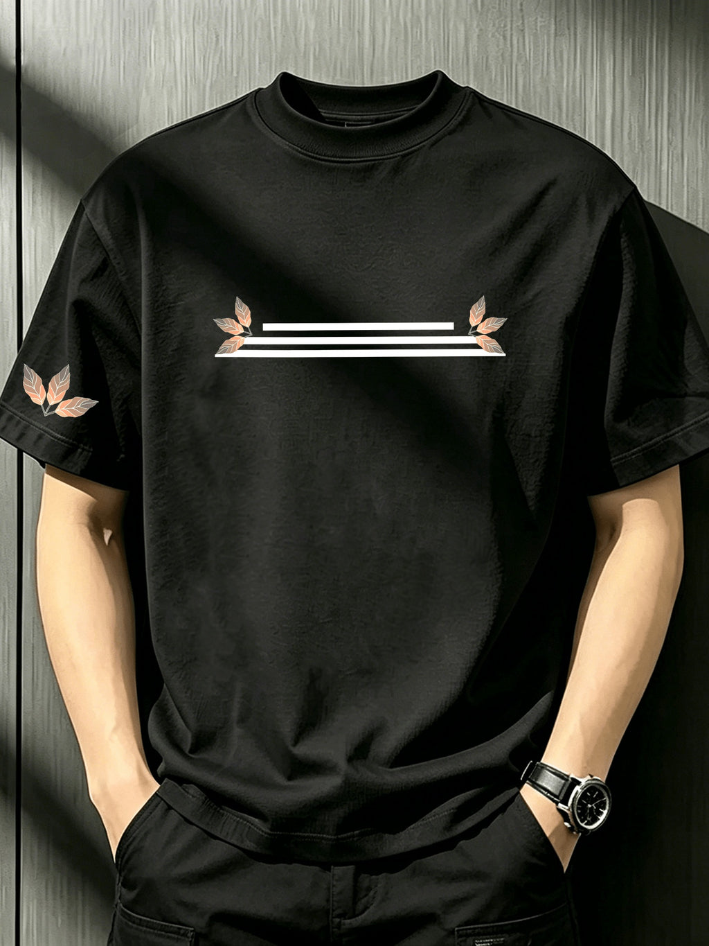Men's White Loose Crew Neck T-Shirt with Centered Horizontal Stripes & Orange Maple Leaf Print, Soft Minimalist Niche Design, Slim Flattering Breathable Basic Tee for Daily Summer Wear - Black