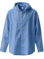 Men'S Casual Linen Hooded Shirt, Lightweight Breathable Fabric, Relaxed Fit Long Sleeve Design, Button Front Closure, Adjustable Drawstring Hood, Comfortable Pullover Style for Beach Vacations, Resort Travel, Yacht Trips, Camping, Outdoor Activities - Light Blue