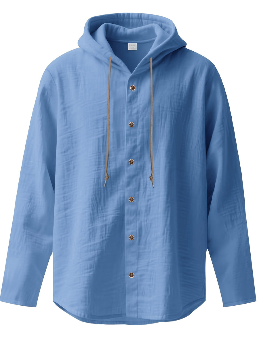 Men'S Casual Linen Hooded Shirt, Lightweight Breathable Fabric, Relaxed Fit Long Sleeve Design, Button Front Closure, Adjustable Drawstring Hood, Comfortable Pullover Style for Beach Vacations, Resort Travel, Yacht Trips, Camping, Outdoor Activities - Light Blue