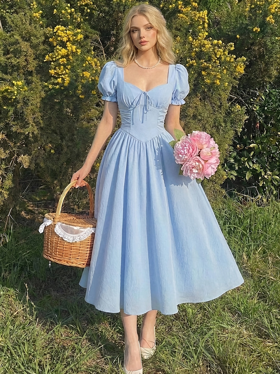 Directional French Country Style Sweet Elegant Women'S Dress Solid Color Cutout Neckline Dress - Blue
