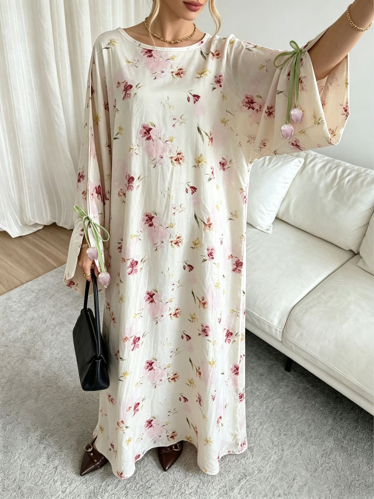 1pc (Headscarf Not Included) Printed Dress, Pink Floral Sweet Elegant Muslim Long Dress, Cuffed Slit Design Modest And Fashionable Robe, Exquisite Islamic Evening Wear, Suitable for Dates And Daily Wear - Pink