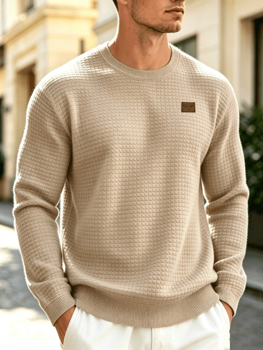 Men'S Knit Round Neck Solid Small Checkered Pullover Sweatshirt, Casual Easy Fashion Trendy Square Premium Men'S Clothing - Khaki