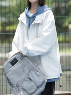 New Women's Casual 2-in-1 Look Workwear Trench Coat, Loose American-Style Hooded Jacket Outerwear Top - Milky
