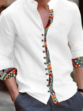 Men's Trendy Classic Solid Color Spliced Geometric Print Stand Collar Multi-Buckle Design Comfortable Breathable Material Casual Versatile Long Sleeve Shirt for Spring and Autumn - White