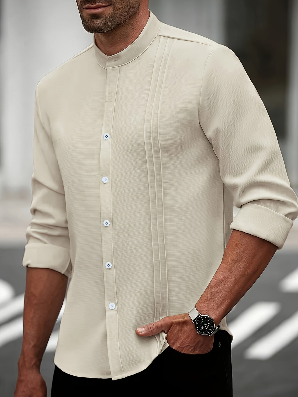 Cross-Border Men'S Casual Mandarin Collar Long Sleeve Shirt - Khaki