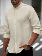 Cross-Border Men'S Casual Mandarin Collar Long Sleeve Shirt - Khaki