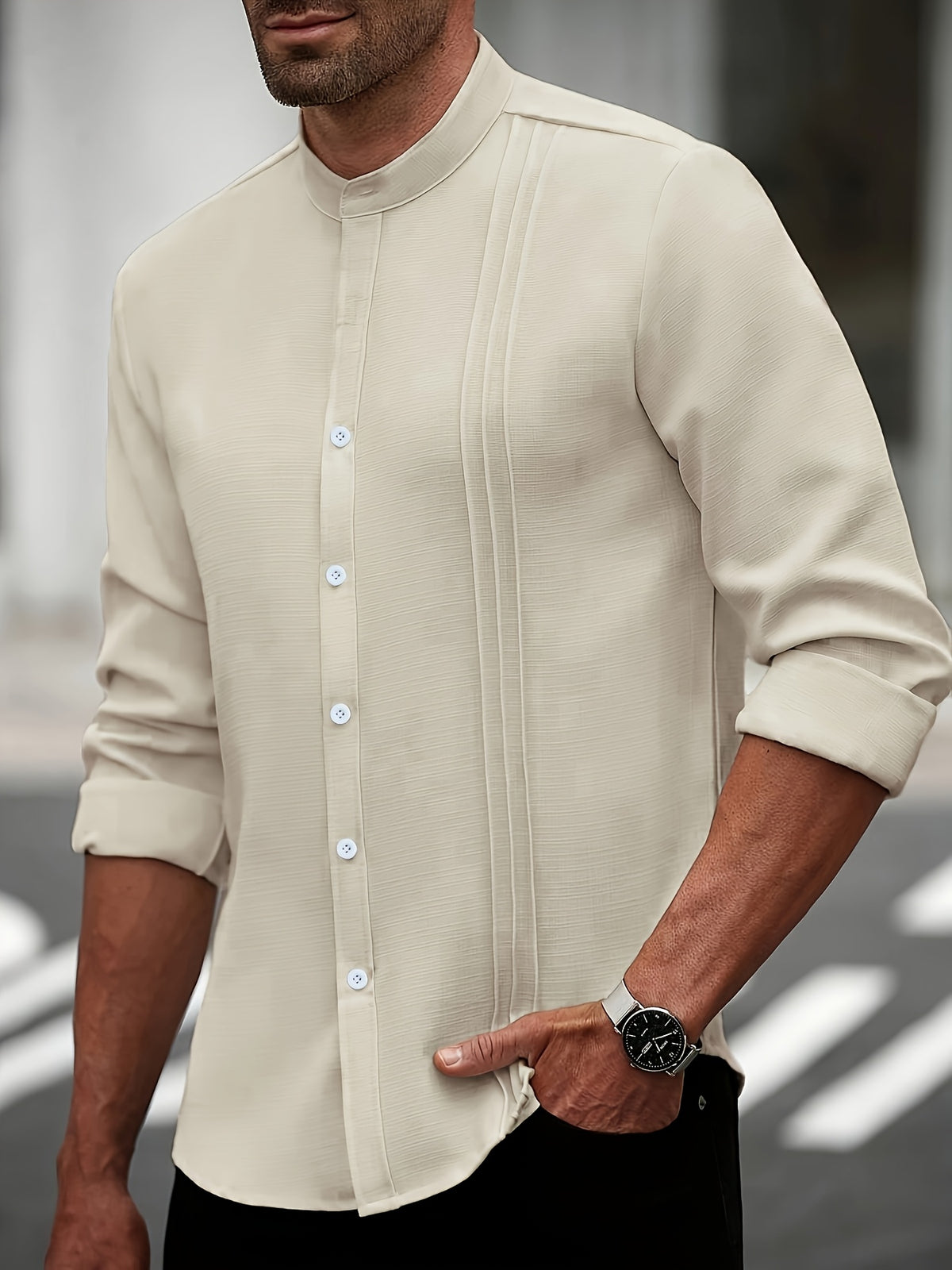 Cross-Border Men'S Casual Mandarin Collar Long Sleeve Shirt - Khaki