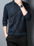 Fake Two-Piece Men'S Top Autumn Winter Base Layer Checkered Shirt Collar Men'S Business Casual Versatile Inner Top - Blue