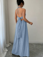 Women's Elegant Off-Shoulder Tie-Up Pleated Dress - Light Blue