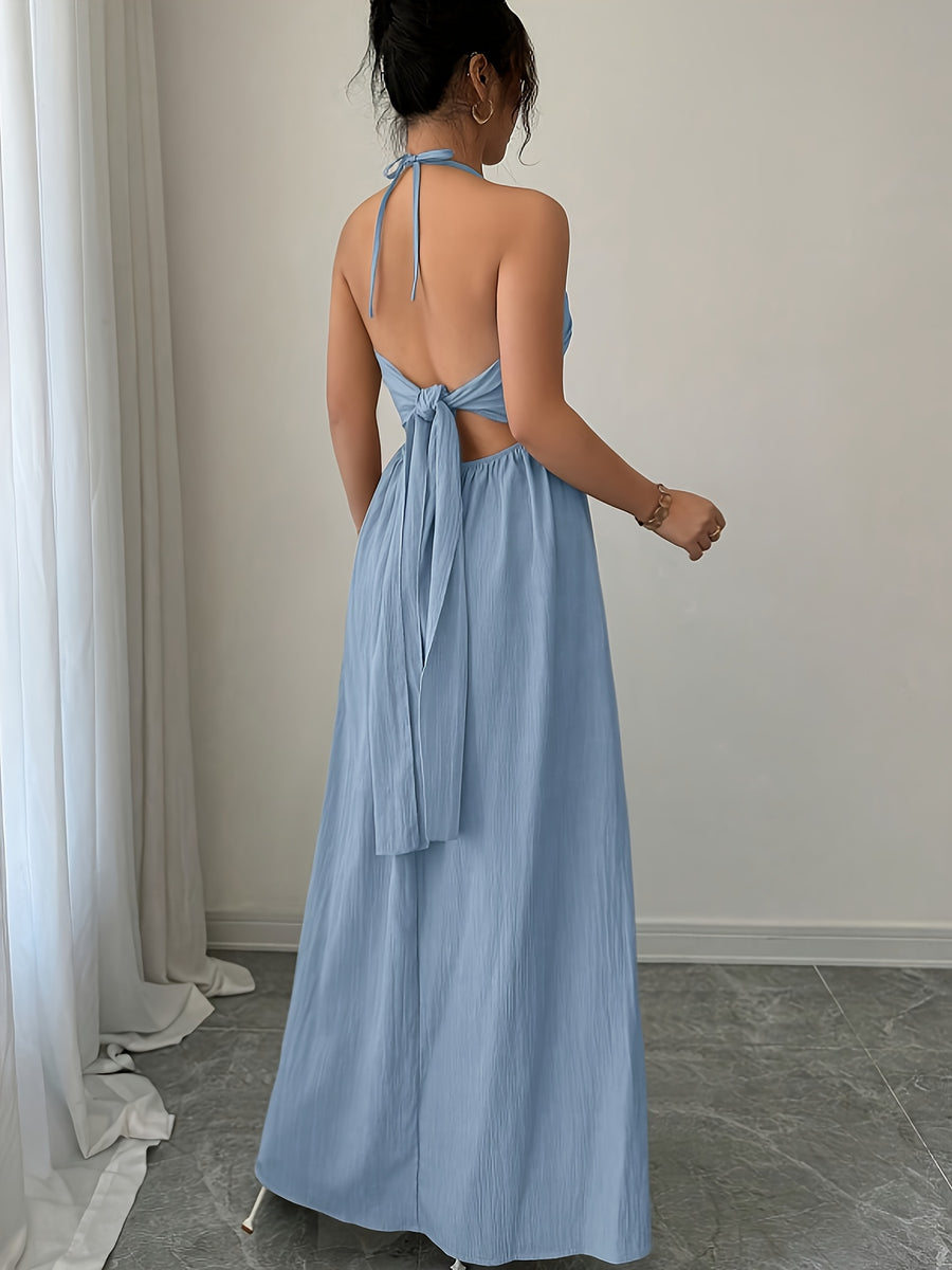 Women's Elegant Off-Shoulder Tie-Up Pleated Dress - Light Blue