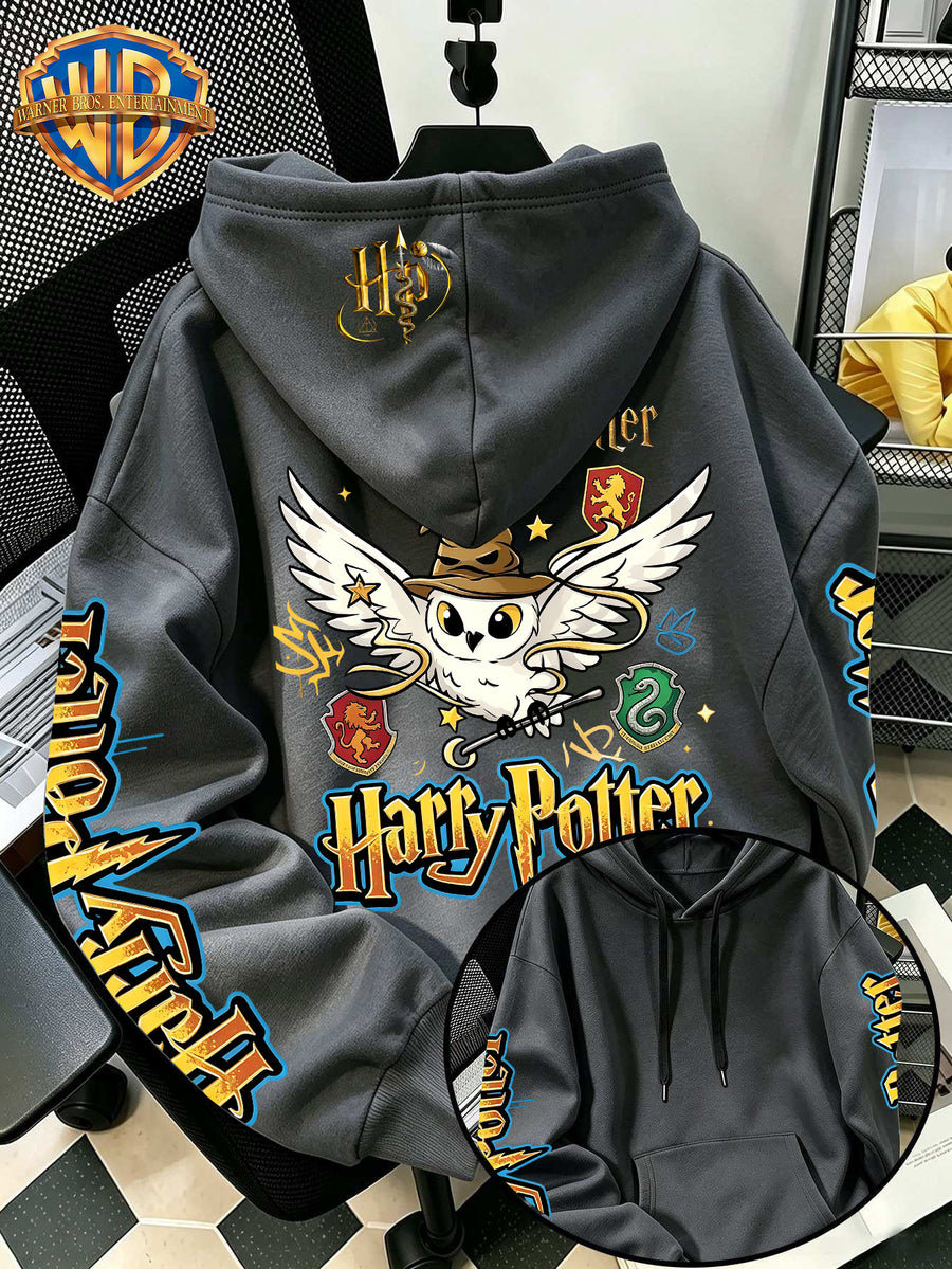 Warner Bros Official 1pc Vintage Golden Pattern Magic Owl Trendy Casual Hoodie - Men's Fashion Hoodie, Adjustable Drawstring Loose and Comfortable Sweatshirt, Suitable for Daily and Outdoor Sports Wear, the Perfect Choice for Warmth in Autumn - Dark Gray