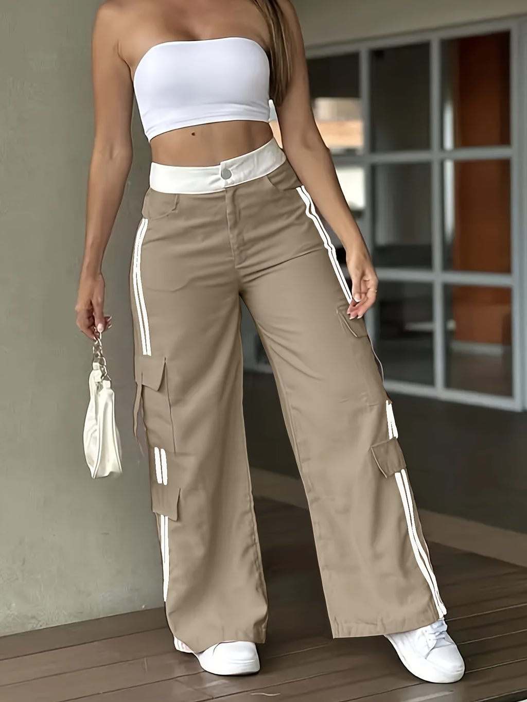 Women's Heavy-Duty Pants (Cargo Pants) with Piping Stripe & Large Cargo Pockets - Full-Length Heavy-Duty Pants for, Outdoor, Workwear - Beltless Design, All-Season Casual Wear (No  Compatible) - Attire - Khaki